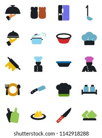 Color and black flat icon set - fridge vector, cook, serviette, cafe, hat, waiter, salt and pepper, ladle, bowl, rolling pin, cutting board, knife, steaming pan