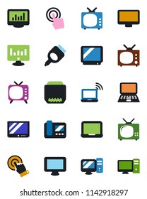 Color and black flat icon set - wireless notebook vector, pc, statistic monitor, tv, touch screen, hdmi, statistics, intercome