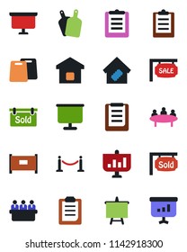 Color and black flat icon set - fence vector, presentation board, meeting, clipboard, sale, sold signboard, smart home, cutting