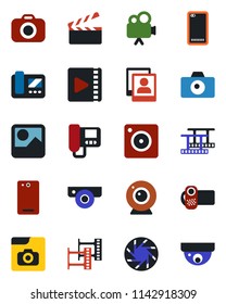Color and black flat icon set - camera vector, clapboard, film frame, video, phone back, mobile, gallery, photo, web, intercome, surveillance