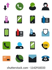 Color and black flat icon set - phone vector, mobile, office, 24 hours, support, cell, radio, mail, call, data exchange