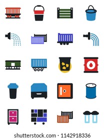 Color and black flat icon set - trash bin vector, checkroom, bucket, watering, railroad, truck trailer, cargo container, consolidated, oil barrel, archive box, water filter