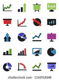 Color and black flat icon set - growth statistic vector, presentation board, crisis graph, monitor, circle chart, statistics, bar, pie, point, arrow up