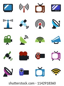 Color and black flat icon set - antenna vector, satellite, loudspeaker, tv, video camera, wireless