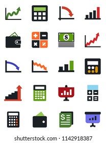 Color and black flat icon set - growth statistic vector, calculator, crisis graph, receipt, bar, wallet, cash, presentation