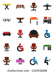 Color and black flat icon set - waiting area vector, disabled, office chair, desk, picnic table, cushioned furniture, restaurant, man with notebook