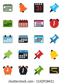Color and black flat icon set - alarm clock vector, drawing pin, calendar, term, paper, bell, schedule