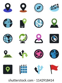 Color and black flat icon set - globe vector, seat map, route, navigation, earth, pin, mobile tracking, network, place tag, compass, flag