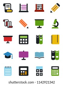 Color and black flat icon set - contract vector, book, calculator, graduate, abacus, notepad, presentation board, pencil, microscope