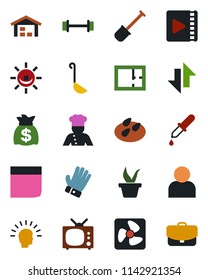 Color and black flat icon set - money bag vector, shovel, seedling, glove, seeds, dropper, barbell, user, data exchange, video, blank box, warehouse, plan, tv, cook, ladle, fan, alarm led, case