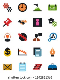 Color and black flat icon set - female vector, handshake, speaking man, dollar sign, notepad, document, crisis graph, container, clock, drawing pin, ink pen, paper tray, sold signboard, gear, case