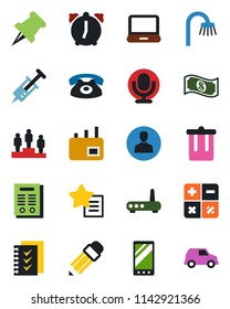 Color and black flat icon set - trash bin vector, pedestal, calculator, syringe, microphone, laptop pc, favorites list, paper pin, mobile, user, alarm, checklist, pencil, contract, mail, bathroom