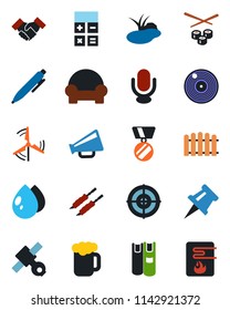 Color and black flat icon set - calculator vector, medal, pen, fence, water drop, pond, satellite, vinyl, loudspeaker, microphone, drawing pin, target, handshake, book, windmill, cushioned furniture