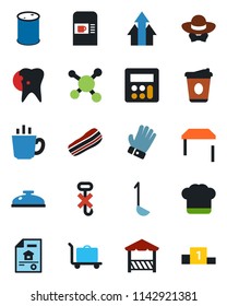 Color and black flat icon set - baggage trolley vector, coffee machine, glove, caries, molecule, no hook, oil barrel, calculator, estate document, table, cook hat, reception, bacon, dress code