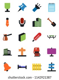 Color and black flat icon set - bed vector, notepad, tie, job, fence, picnic table, thermometer, signpost, fragile, microphone, bell, torch, presentation board, drawing pin, office building, book