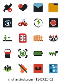 Color and black flat icon set - escalator vector, fence, bucket, caterpillar, satellite, gamepad, heart, mail, record, sim, folder, mute, compass, eye id, battery, charge, company, combination lock