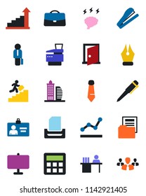 Color and black flat icon set - identity card vector, growth statistic, pen, tie, brainstorm, calculator, case, presentation board, document folder, ink, point graph, manager desk, paper tray, door