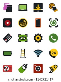 Color and black flat icon set - phone vector, radar, gear, notebook pc, ladder, 24 hours, touch screen, rec button, rca, back, mobile camera, sd, download, wireless, eye id, battery, remote control