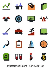 Color and black flat icon set - team vector, rake, sickle, blood test vial, clipboard, case, clock, monitor statistics, paper clip, office building, document search, blank box, point graph, target