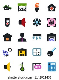 Color and black flat icon set - house with garage vector, sun panel, warehouse, plan, rent, estate agent, key, sweet home, smart, alcove, fingerprint, remote control, snowflake, air conditioner