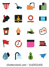 Color and black flat icon set - automatic door vector, shower, pennant, coffee, lawn mower, folder document, download, brightness, office building, ink pen, blank box, omelette, water, palm sproute