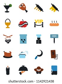 Color and black flat icon set - sickle vector, plant label, seeds, diet, cook, cocktail, waiter, egg stand, bread, candle, vip zone, dress code, restaurant receipt, chicken, ham, rolling pin, sushi
