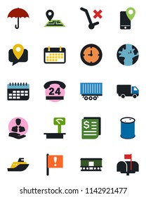 Color and black flat icon set - navigation vector, earth, important flag, 24 hours, client, mobile tracking, sea shipping, truck trailer, car delivery, clock, term, receipt, umbrella, no trolley