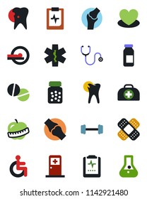 Color and black flat icon set - medical room vector, heart, doctor case, stethoscope, pills, bottle, ampoule, patch, tomography, ambulance star, barbell, disabled, caries, joint, pulse clipboard