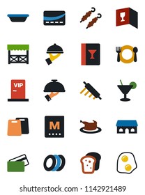 Color and black flat icon set - cafe vector, wine card, menu, cocktail, plates, waiter, bread, building, vip zone, alcove, credit, chicken, kebab, bowl, rolling pin, cutting board, omelette