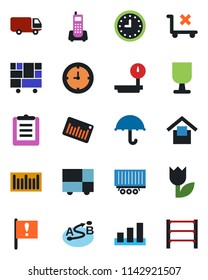 Color and black flat icon set - important flag vector, office phone, truck trailer, car delivery, clock, consolidated cargo, clipboard, fragile, umbrella, warehouse storage, no trolley, tulip, route