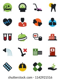 Color and black flat icon set - medical room vector, watering, lawn mower, heart pulse, blood pressure, test vial, pills blister, patch, tomography, hospital bed, lungs, caries, broken bone, diet