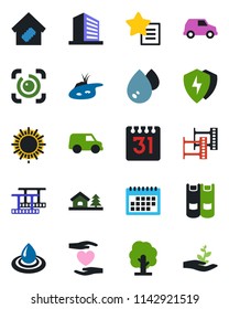 Color and black flat icon set - sun vector, office building, book, tree, heart hand, film frame, favorites list, protect, calendar, eye id, house with, pond, smart home, water, car, palm sproute