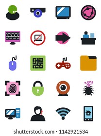 Color and black flat icon set - no laptop vector, right arrow, lock, mouse, monitor pulse, virus, support, gamepad, tv, network, folder, wireless, manager desk, chip, fingerprint, web camera, pc