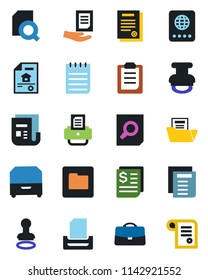 Color and black flat icon set - passport vector, stamp, document search, notepad, printer, receipt, news, folder, clipboard, case, paper tray, archive box, contract, estate