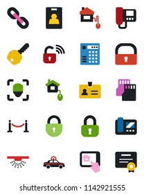 Color and black flat icon set - fence vector, alarm car, identity, lock, chain, sd, face id, card, key, home control, wireless, intercome, app, combination, sprinkler, certificate