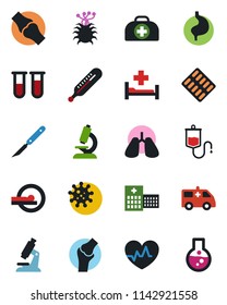 Color and black flat icon set - heart pulse vector, doctor case, blood test vial, dropper, thermometer, microscope, pills blister, scalpel, tomography, ambulance car, hospital bed, stomach, lungs