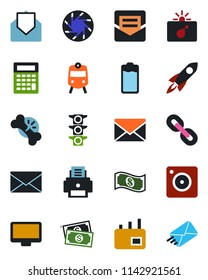 Color and black flat icon set - train vector, bomb in case, mail, broken bone, cash, traffic light, monitor, chain, battery, mobile camera, printer, rocket, calculator