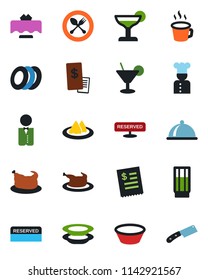 Color and black flat icon set - spoon and fork vector, coffee, waiter, cook, dish, restaurant table, serviette, reserved, drink, cocktail, plates, receipt, chicken, bowl, knife