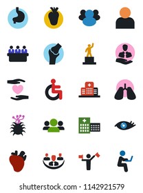 Color and black flat icon set - dispatcher vector, pedestal, meeting, disabled, heart hand, stomach, lungs, real, eye, joint, hospital, virus, client, group, user, company, man with notebook