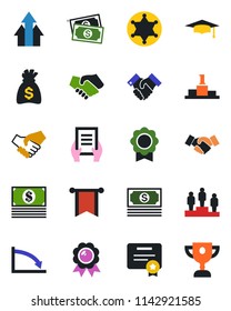 Color and black flat icon set - handshake vector, pedestal, medal, graduate, money bag, document, cash, sertificate, police, arrow up graph, pennon, crisis, certificate, award cup