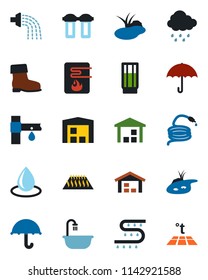 Color and black flat icon set - watering vector, boot, water drop, rain, hose, pond, drip irrigation, umbrella, warehouse, bathroom, drink, heater, filter, warm floor
