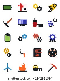 Color and black flat icon set - gear vector, sickle, truck trailer, sea port, flammable, reel, battery, sun panel, crane, water heater, windmill, hard work