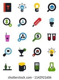 Color and black flat icon set - bulb vector, blood test vial, thermometer, search cargo, estate, client, alcohol, wine card, drink, cocktail, phyto bar, beer, energy saving, consumer, money, idea