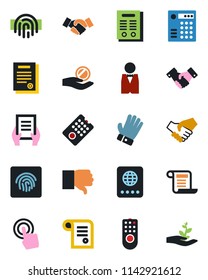Color and black flat icon set - passport vector, handshake, document, glove, touch screen, finger down, fingerprint id, contract, waiter, remote control, combination lock, investment, palm sproute