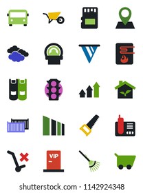 Color and black flat icon set - airport bus vector, clouds, book, rake, wheelbarrow, saw, tomography, pin, traffic light, cargo container, no trolley, sorting, radio phone, sd, vip zone, eco house