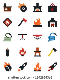 Color and black flat icon set - bomb in case vector, fire, hose, axe, fireplace, flammable, flame disk, candle, sprinkler, rocket
