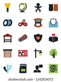 Color and black flat icon set - baby vector, globe, tree, garden light, heart shield, implant, route, gamepad, speaker, mail, sd, children room, mailbox, plates, bacon, salt and pepper, alcove