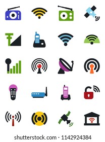 Color and black flat icon set - antenna vector, satellite, office phone, radio, remote control, wireless, cellular signal, lock, router, garage gate