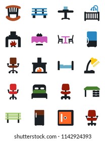 Color and black flat icon set - cafe vector, checkroom, office chair, desk, bench, lamp, bedroom, children room, fireplace, restaurant table, fridge
