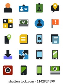 Color and black flat icon set - mobile phone vector, identity card, document, important flag, cash, tracking, cell, camera, user, download, application, home control app